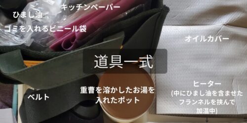 ひまし油湿布に使用するフランネル、オイルカバー、専用ヒーターなどの道具